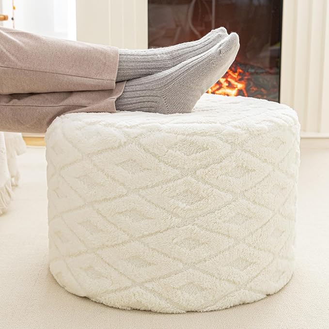 Round Pouf Ottoman 20 x 20 x 14 Inches Boho Poof Home Decor Floor Pouffe Ottoman Foot Rest for Couch Sofa Bean Bag Chairs Living Room Bedroom Milk