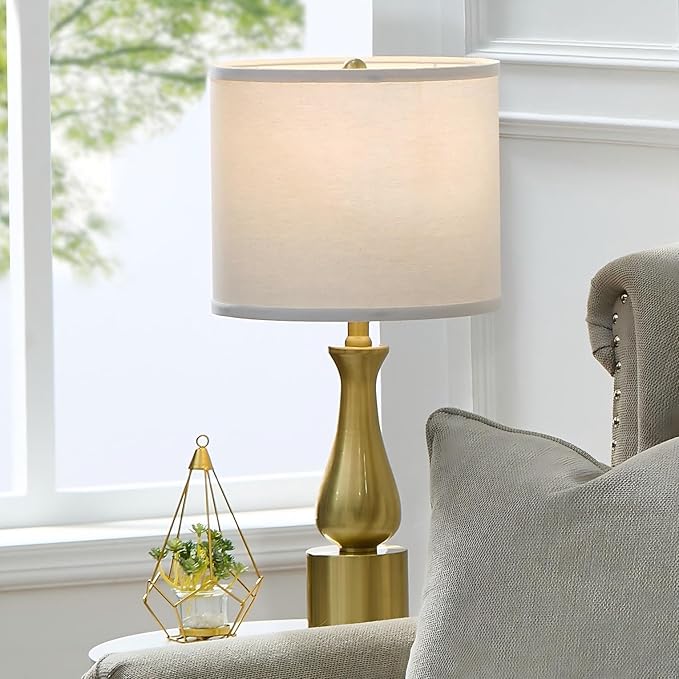 23" Modern Gold Lamps Set of 2 for Bedroom, Minimalist Gold Table Lamps for Living Room Set of 2, Small Gold Table Lamps for Nightstand Set of 2, with White Linen Drum Lampshade for Home Office