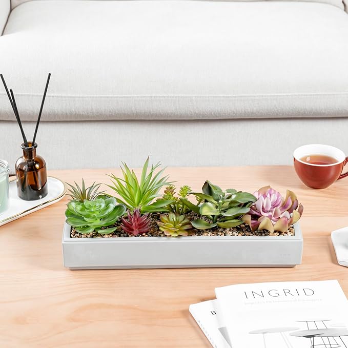 MyGift 15 Inch Mixed Color Assorted Artificial Succulent Plant Arrangement in Modern Gray Clay Planter Tray