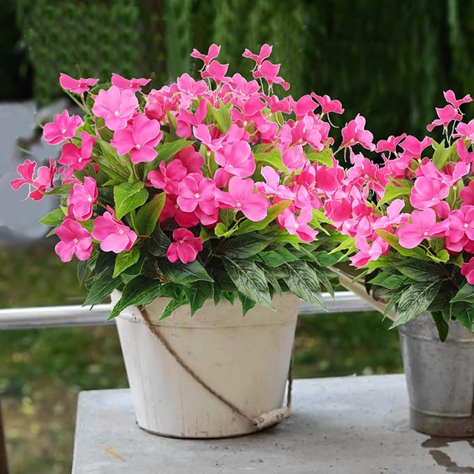 4 Pcs Artificial Flowers Outdoor Impatiens UV Resistant Silk Impatiens Flowers Rose Red Faux Flowers Impatiens Bushes Artificial Impatiens for Pot Patio Lawn Garden Hanging Basket Porch Decor