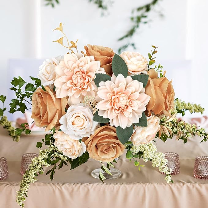 AmyHomie Champagne Nude Artificial Flowers Combo Silk Mix Peony Rose Daisy Fake Flowers w/Stem for DIY Wedding Bouquets Centerpieces Arrangements Table Decor Party Bridal Baby Shower Home Decor