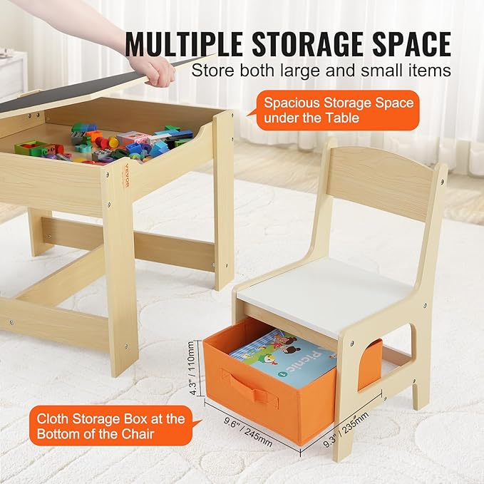 VEVOR Kids Table and Chair Set, 3 in 1 Wooden Activity Table with Storage Space and Boxes, Detachable Tabletop Kids Play Table for Toddlers Art, Craft, Reading, Learning