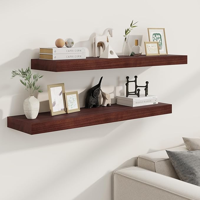 Fun Memories Deep Floating Shelves, Solid Wood Floating Shelves Wall Mounted, 9.3" Deep Floating Shelf for Living Room, Bedroom, 36 x 9 Large Wall Shelves for Books, Walnut Color, Set of 2