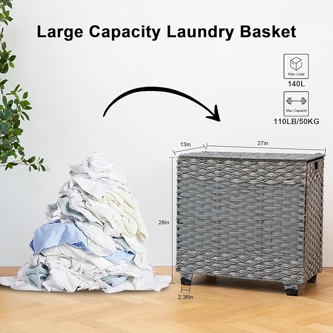 OIAHOMY Laundry Hamper with Lid, 140L Synthetic Rattan Clothes Hamper with Handles, Handwoven Large Laundry Basket with 3 Removable Liner Bags, Foldable, Laundry Room, 27*13*26 Inches, Gradient Grey