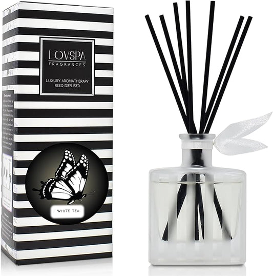 LOVSPA White Tea Reed Diffuser – Scented Sticks Set - Soothing White Tea Scent Infused with Notes of Woody Cedar and Vanilla - Air Freshener for Large Rooms - Made in The USA