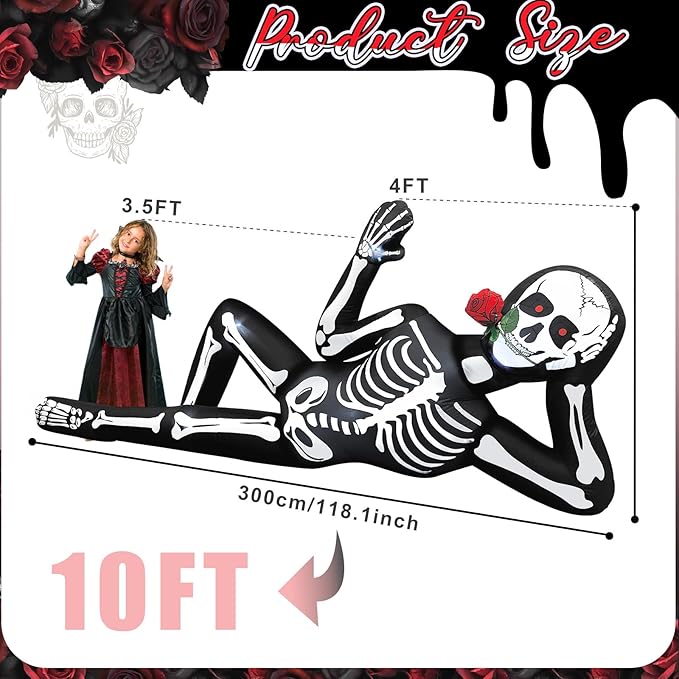 10FT Halloween Inflatable Outdoor Decoration, Halloween Blow Up Yard Decorations with LED Lights, Lying Giant Skeleton Inflatable for Rooftop Garden Lawn Balcony Holiday Party Decorations
