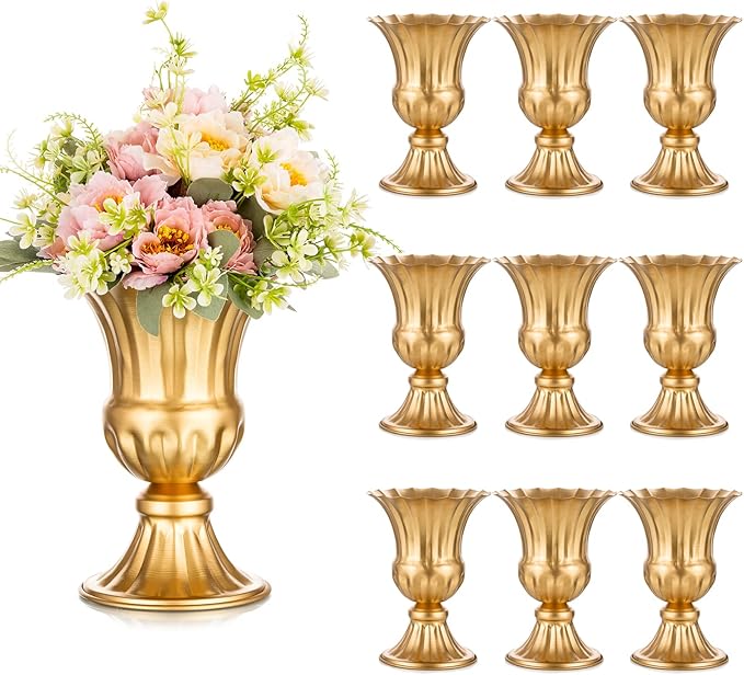 Sziqiqi Gold Flower Arrangements Vase for Wedding Table Centerpiece - 9in Metal Planter Vase Pot for Artificial Real Flower Small Trumpet Plant Urn for Garden