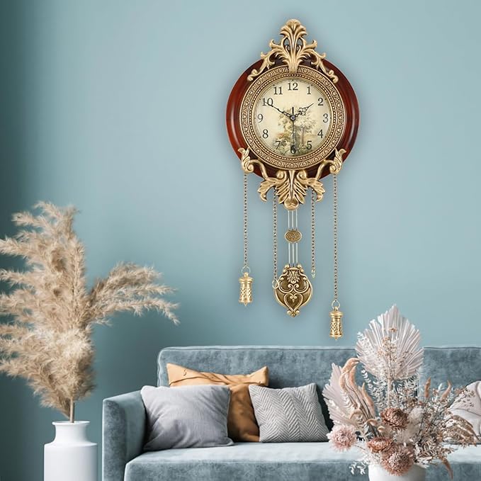 Aero Snail Dia 9-inch Retro Style Vintage Wood Indoor Wall Clock with Swinging Pendulum (Requires 2 AA Batteries for Clock Hands and Pendulum)