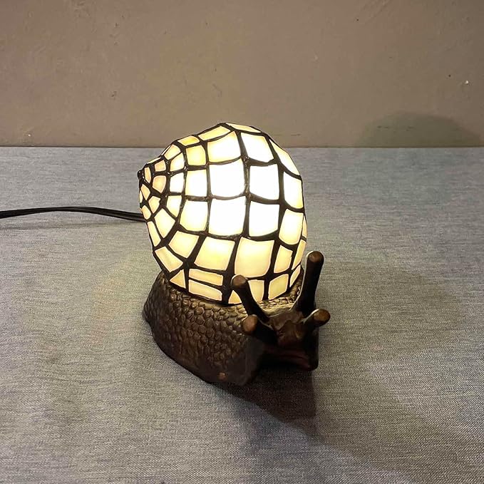 Bieye L10988 Land Snail Tiffany Style Stained Glass Accent Table Lamp for Home Decor (White, 10" D x 5" W x 5" H)