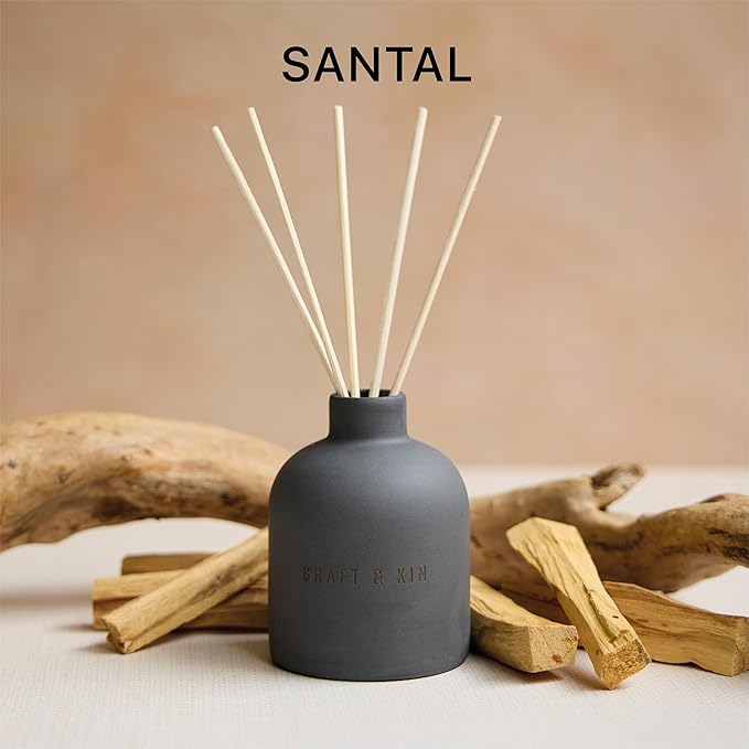 Craft & Kin Reed Diffuser Set - Santal Woods, Reed Diffusers for Home with Fragrance Sticks - The Earthenware Collection, 6.7oz Alcohol-Free, Essential Oils