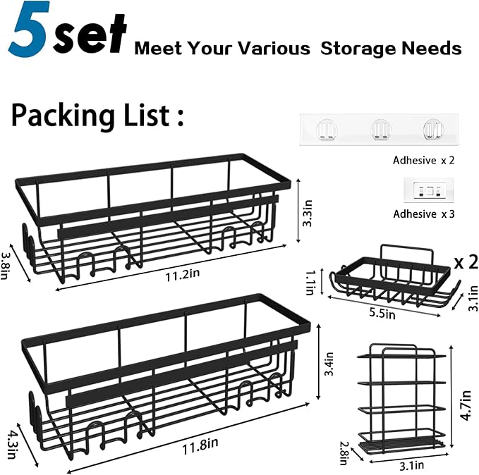 Shower Caddy - Corner & Hanging, Adhesive & Suction Cup Mounts (5 Pack)