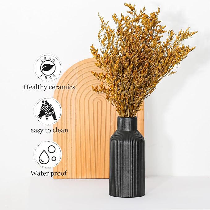 Black Ceramic Flower Vase Set of 3, Pampas Grass Small Vase for Dining Table, Shelf Decor, Mantel, Entry Decor and Centerpieces, Minimalist Modern, Bohemian