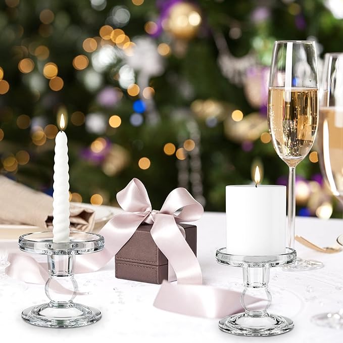 Clear Glass Candle Holders for Taper Candles 1 Pack (Total 3 Pcs), Pillar Candles Tealight Candle Holder for Wedding, Dinning and Decoration-Fit 0.9" to 2.8" Premium Multipurpose Candles