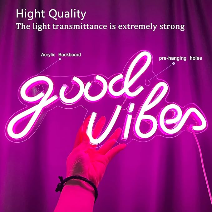 Good Vibes Neon Sign, LED Neon Signs for Wall Decor, Pink Neon Lights for Bedroom & Party Art Decor, USB Powered Bright Neon Light for Lover, Friends