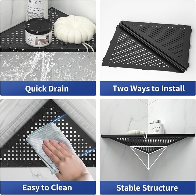 Corner Shower Shelf, 12" Matte Black 304 Stainless Steel Recessed Shelf for Bathroom, Grout in Shelf Rack for Tiled Wall, Large Size, No Drilling Needed