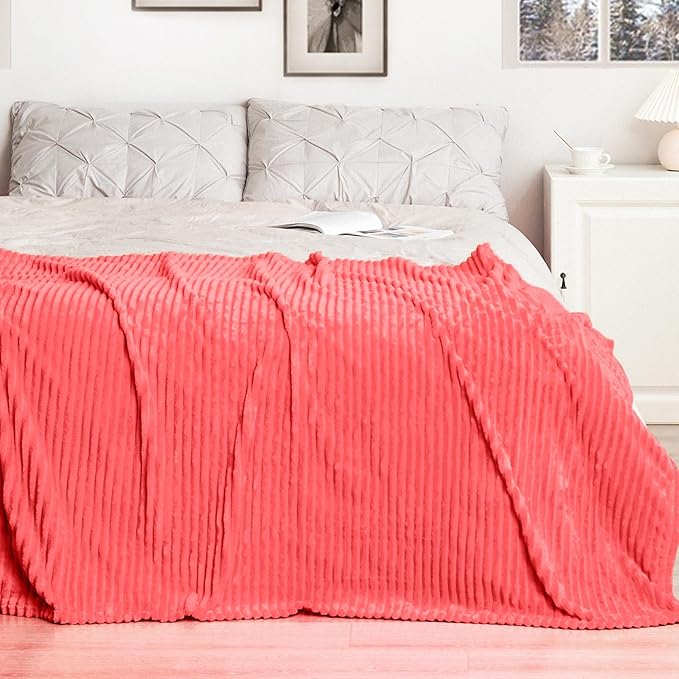 Vessia Flannel Fleece Twin Blanket for Couch,Sofa,Bed, 300GSM Striped 60x80 inch Red Blanket for Adults and Kids, Super Soft Warm Cozy Lightweight Ribbed Decor for All-Season