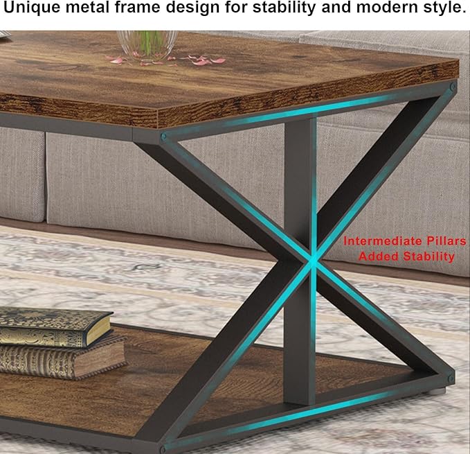 Coffee Table With Storage, Farmhouse Living Room Center Table, Modern Minimalist Rectangle, Industrial Vintage Wood Tea, 47 Inch, Rustic Brown