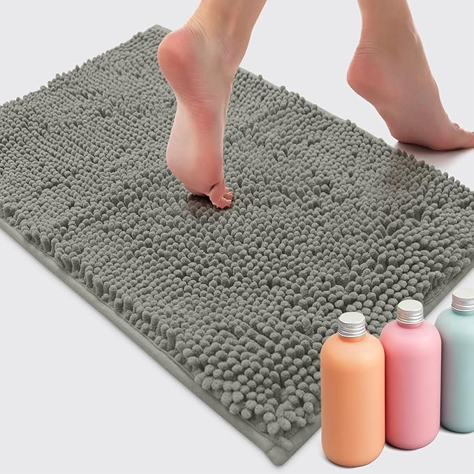 LuxUrux 2 Pc Set – Plush Chenille Bathroom Rug Mat Set, Extra-Soft Bath Mat for Shower & Bathroom, Highly Absorbent Microfiber, Non-Slip Backing for Safety & Comfort.(20 x 30, Warm Grey)