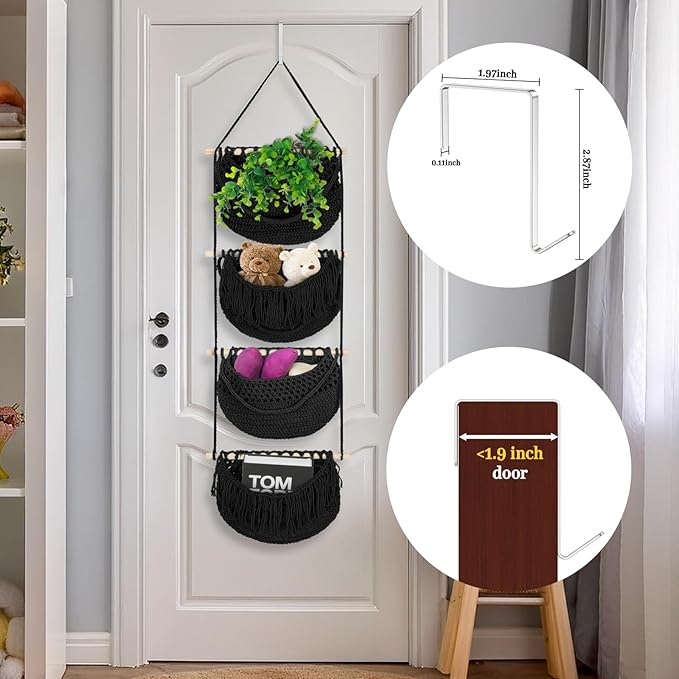 4 Tier Hanging Fruit Basket for Kitchen, 4 Pack Detachable Cotton Crocheted Wall Hanging Baskets Shelf Over Door Organizer for Fruit Veggie Plant, Hanging Storage Basket for Bathroom Bedroom(Black)