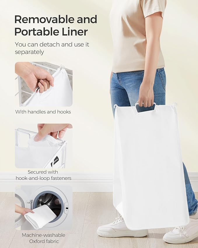SONGMICS Laundry Hamper, 90L Laundry Basket with Lid, Clothes Hamper with Wheels, Collapsible Removable Liner Bag, Iron-Made Laundry Sorter, Cloud White ULCB290W01