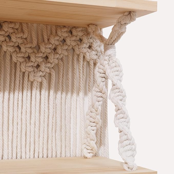 Macrame Wall Hanging Shelf for Wall Decor 3 Tiers Handmade Boho Wall Floating Shelf Hanging Plant Hanger Organizer with Wood Beads for Aesthetic Bedroom Living Room Decor