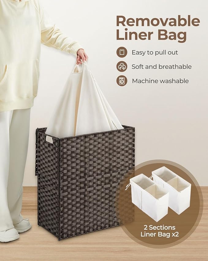 Greenstell Laundry Hamper with lid, No Install Needed, 90L Wicker Laundry Baskets Foldable 2 Removable Liner Bags, 2 Section Clothes Hamper Handwoven Rattan Laundry Basket with Handles, Brown