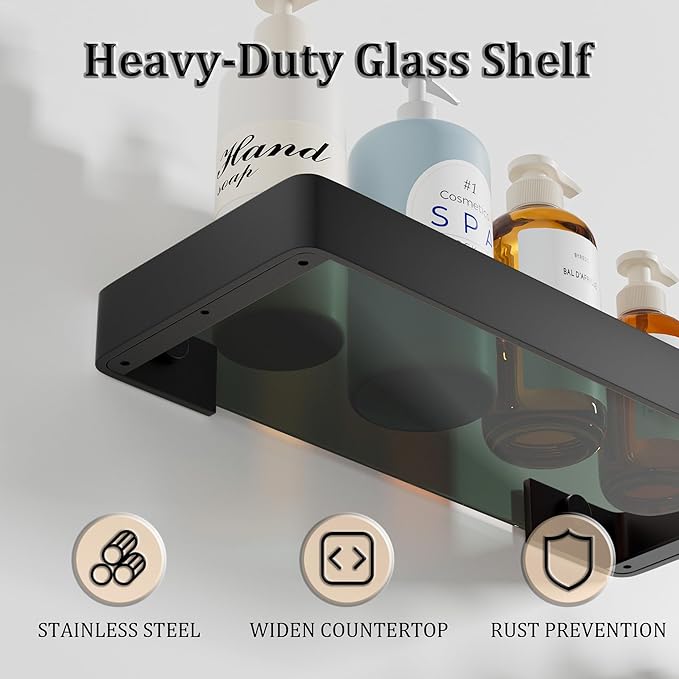 Alise Glass Bathroom Shelf, Black 11.8 Inch Rectangular Floating Shelves for Showers, Kitchens, SUS304 Stainless Steel Glass Shelf for Toilet, Room Decor