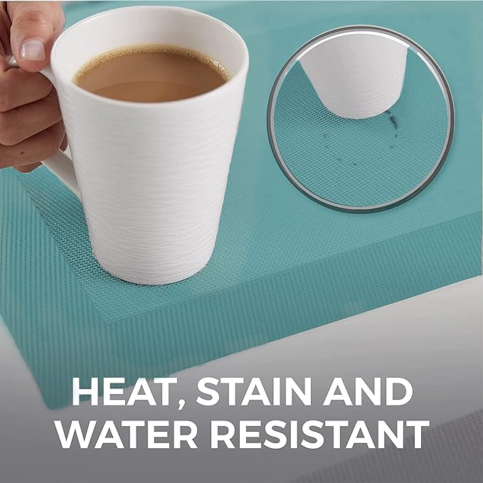 More Décor Dining Table Placemats, Washable Heat-Resistant PVC Vinyl Table Mats for Dining Room and Kitchen, Anti-Slip - Set of 6 -Sky Blue