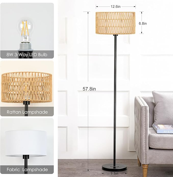 Rattan Boho Floor Lamp with Black Metal Base and LED Bulb - Double Shades, Farmhouse Rustic Design for Living Room, Bedroom, Office