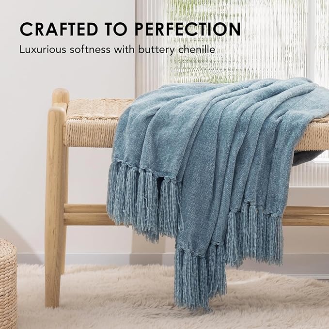 EVERGRACE Soft Chenille Throw Blanket for Couch, Cozy Plush Fuzzy Decorative Chenille Knit Throw Blanket with Tassels, Lightweight Blanket and Throws for Bed Sofa Gift Home Decor, Cloud Blue 60"x80"