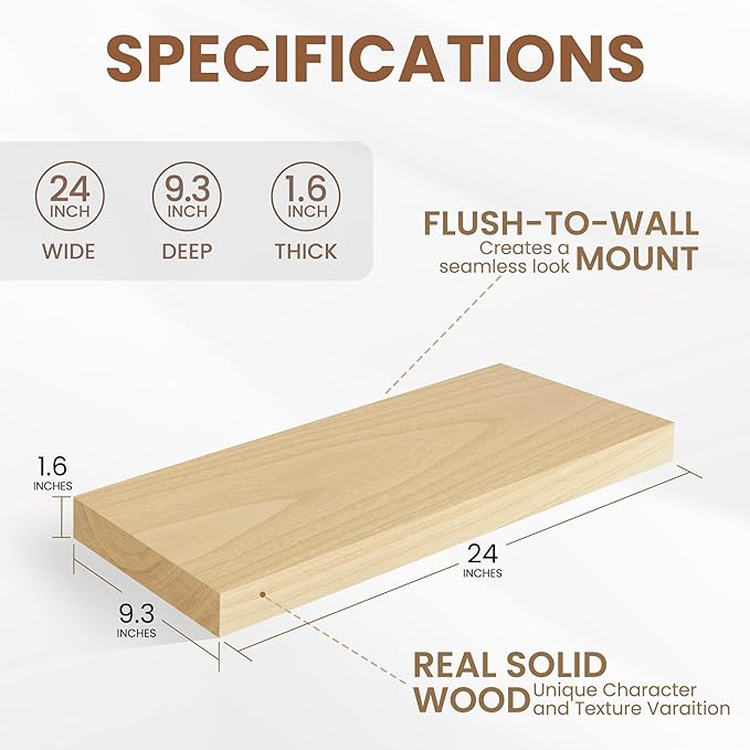 Floating Shelves24 Inch Long , 9 Inch Deep Floating Shelves for Wall, Solid Wood Floating Shelf, Deep Wall Shelves for Living Room, Bathroom, Kitchen, 24"W x 9.3"D x 1.6"H, Natural Color, Set of 2
