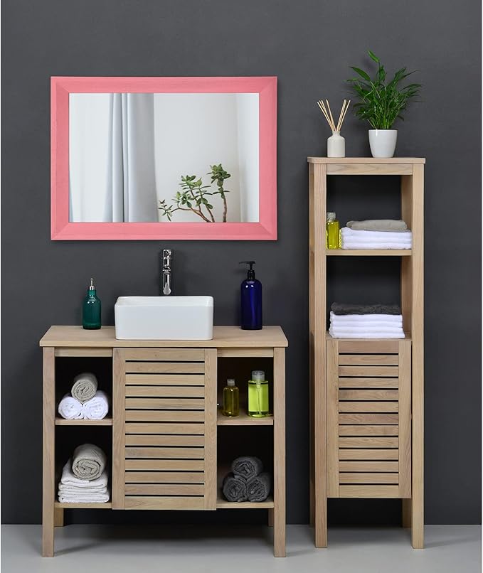 AAZZKANG Rectangle Mirror with Wood Frame Modern Farmhouse Wall Mirrors Decor Large 20"x16" for Bedroom Bathroom Living Room Pink