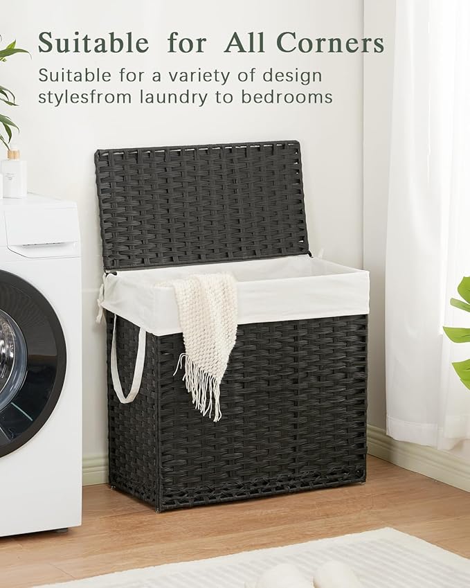 Laundry Hamper with Lid Laundry Basket 132 L (35 Gal) Wicker Clothes Hamper, Handwoven Rattan Hamper with Handles and 4 Removable Liner Bags, 6 Mesh Bags for Laundry Bedroom Black