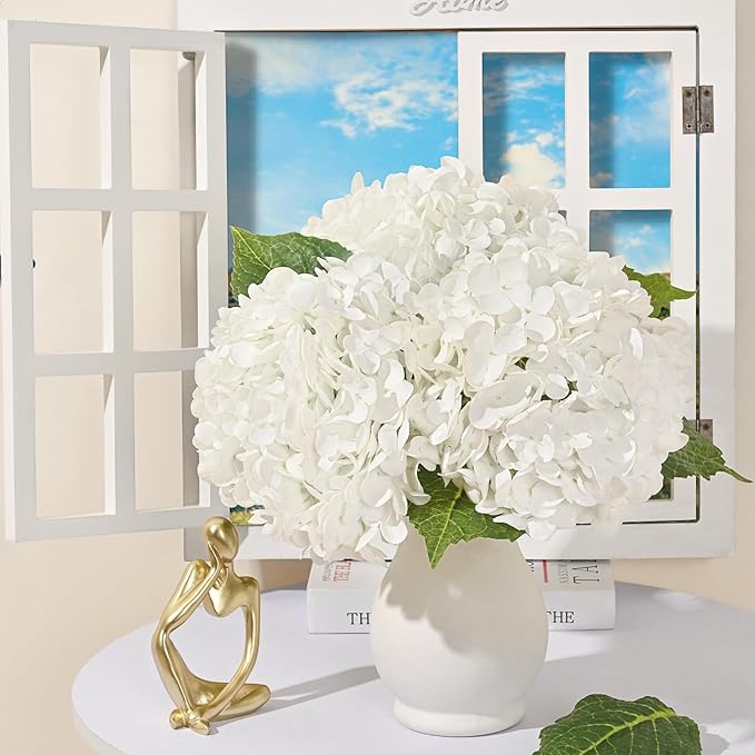 MARTINE MALL 3Pcs 21in Hydrangea Artificial Flowers, Latex Real Touch Hydrangeas Lifelike Large Hydrangea Flowers for Home Decor Party Arrangements Wedding Bouquets Centerpieces (White)