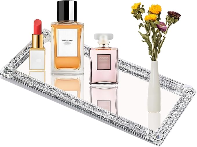 Mirrored Vanity Tray, Crushed Diamond Filled Crystal Glass Cosmetic Makeup Tray, Sparkle Perfume Jewelry Trinket Countertop Decorative Tray, for Home Party Hotel Dresser Bathroom Bedroom, Silver
