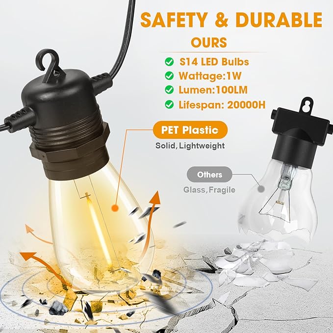 100FT LED Outdoor String Lights, Commercial Grade Patio Lights with 30+2 Shatterproof S14 Edison Vintage Bulb for Outside Backyard Porch Balcony Party Cafe Decor