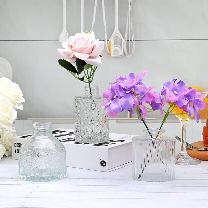 Glass Bud Vases Set of 32,Small Flower Vases for Wedding Centerpiece Table Decorations,Clear Vintage Embossed Mini vases,Flower Arrangements in Vases for Party or Home Decor