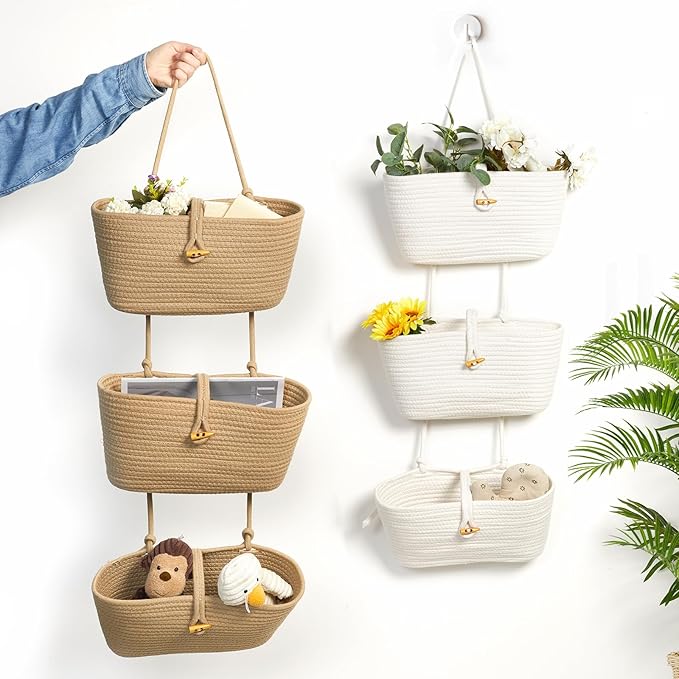 DULLEMELO Hanging Baskets for Organizing, Jute 3-Tier Woven Hanging Wall Baskets for Storage, Decorative Hanging Storage Basket with Button Strap,Over The Door Basket with Door Hooks