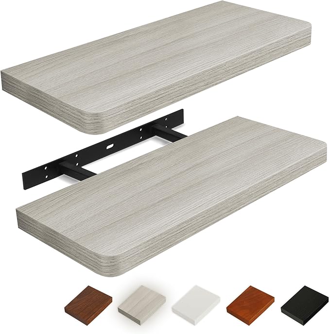 Floating Shelves for Wall, Wood Shelves with Invisible Brackets for Bathroom, Living Room, Bedroom and Kitchen, Long Wall Shelf for Books/Storage/Room Decor, 24 Inch, Set of 2, Grey