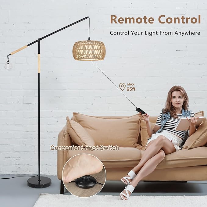 Arc Floor Lamps for Living Room, Rattan Floor Lamp with Remote, Boho Standing Lamp with Crystal Hanging Decor, Adjustable Arm Stand Up Lamp, Dimmable Tall Light for Bedroom Over Couch (Bulb Included)