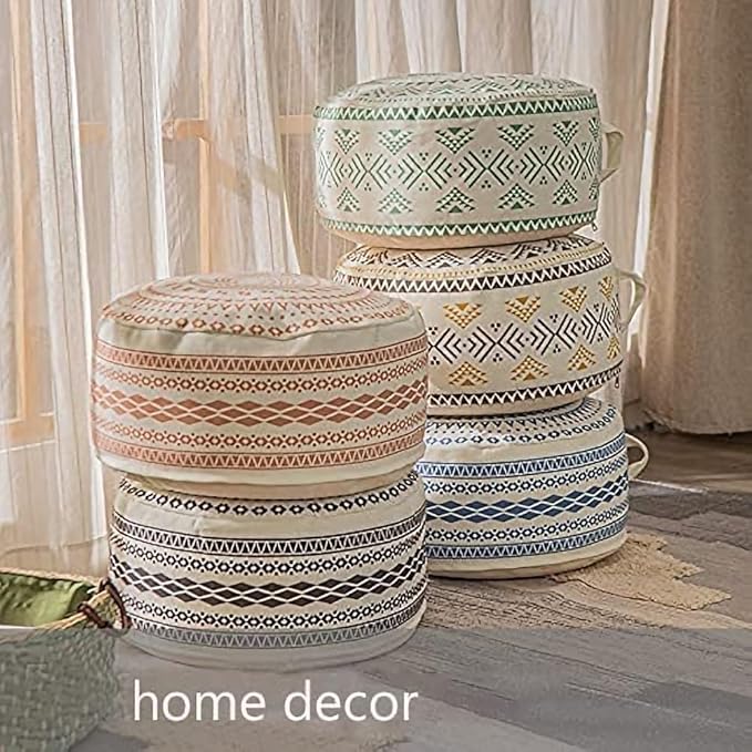 MOCOFO Unstuffed Round Pouf Covers Boho Colorful Geometric Ottoman Pouf Cover with Handle Design,Decoration Footstool for Living Room,Bedroom,Patio (Light Green,18x18x8)