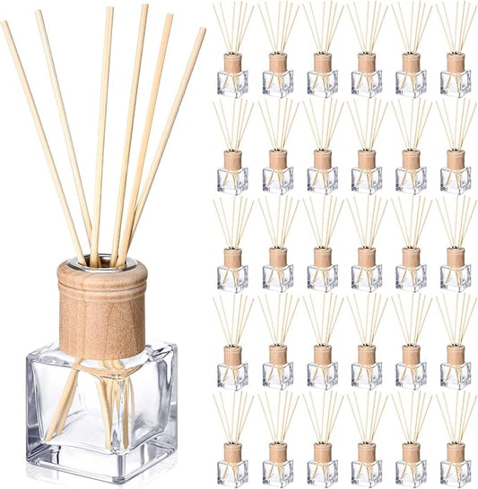 Roshtia 30 Set Reed Diffuser Bottle Empty Refillable Fragrance Glass Diffuser Bottles with Wooden Caps Rattan Sticks 50ml 1.7 oz Glass Jars for DIY Fragrance