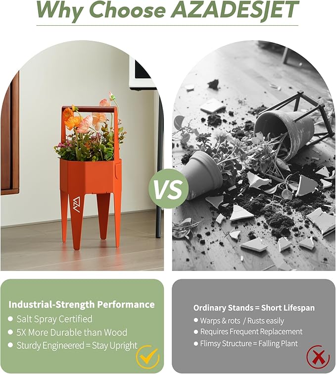 Planter with Stand, Metal 2 in 1 Portable Planter with Grow Bags & Handle, Stable Stylish Indoor Plant Pots with Stand, Modern Flower Pot Outdoor, 7.5'' x 17.3'', Orange, Plant Not Included