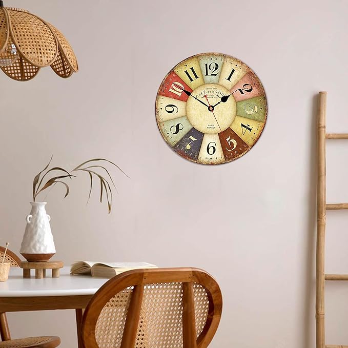 VIKMARI Clocks Battery Operated Wooden Wall Clock Retro Rustic Clock Decorative 14 Inch Arabic Numerals Colorful Silent Non Ticking Wall Clocks for Kitchen,Living Room,Bathroom,Bedroom Home Decor