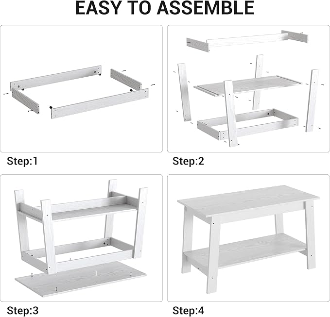 2-Tie Coffee Table, Rustic Wood Living Room Tables with Open Rectangular Storage Compartment, Coffee Tables for Living Room, Outdoors, Home Office, Bedroom, White