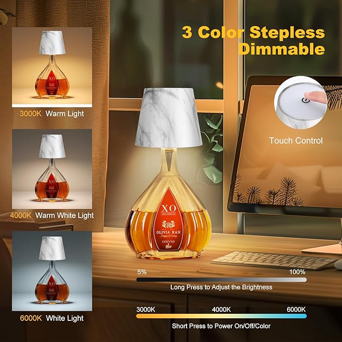 Wireless Bottle Lamp,2025 New 3 Color Rechargeable Wine Bottle Lights for Bars Restaurants (Marble Color)