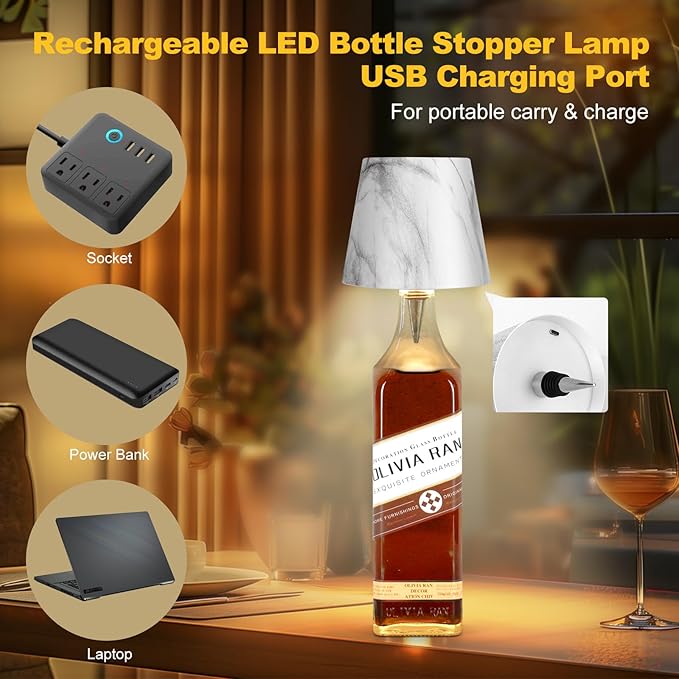 Wireless Bottle Lamp,2025 New 3 Color Rechargeable Wine Bottle Lights for Bars Restaurants (Marble Color)