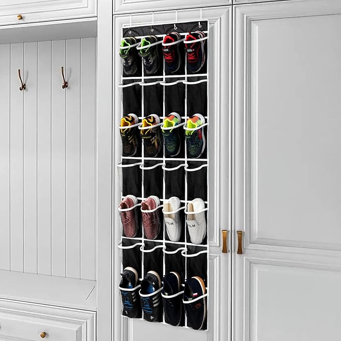 28 Pockets Over the Door Shoe Organzier, Hanging Shoe Organizer for Door Large Capacity Shoe Storage Bag with 4 Metal Hooks (Black-1Pack)