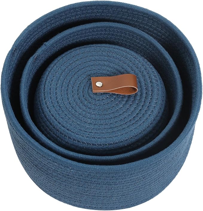 Cottonphant Set of 3 Stylish Round Woven Baskets with Lids - Elegant Storage Solution for Home Decor and Organization - Compact Shelf Baskets (Dark Blue, 10"x6"-8"x5"-6"x4")
