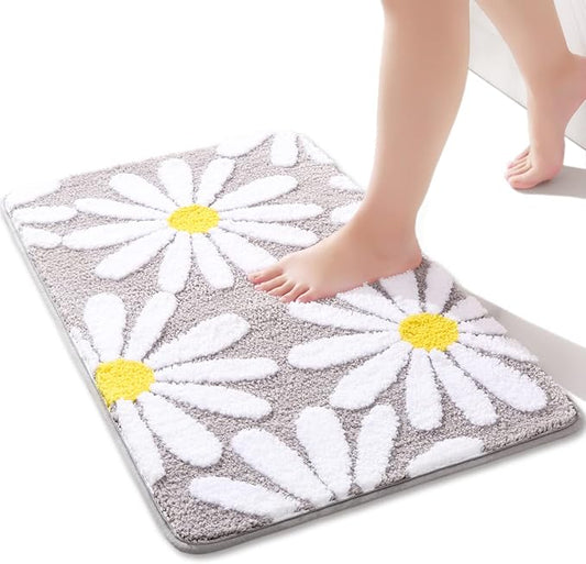 QJHOMO Gray Bathroom Rugs Cute Daisy Bath Mat White and Yellow Flower Decor Rug Non Slip Floor Carpet Microfiber Bathmat Super Absorbent Machine Washable Bathtub Mats for Shower (16x24 inch)